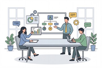Flat illustration of business strategy and planning, people analyzing charts and data, modern corporate flat style, simple shapes, clean layout, no text, professional illustration