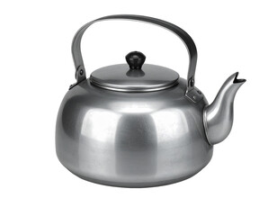 Obraz premium Shiny metal kettle with a curved handle and black lid