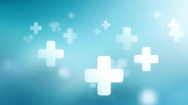 Abstract medical background showing white plus signs and cross symbols floating and moving on a soft blue and turquoise gradient, representing healthcare, science, and emergency services
