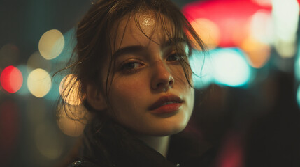 Fototapeta premium A young woman with wet hair looks directly at the camera in a nighttime urban setting