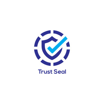 Blue security shield check mark trust seal logo, modern verified badge icon for cyber security, payment assurance branding design