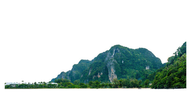 Wooded mountain on Koh Phi Phi island, rocky cliff, isolated island in the middle of the sea - tropical natural landscape, hill, mountain. Isolated against a transparent background.