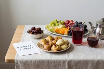 Iftar Dry Fruits and Sharbat on Wooden Table, Islamic Fasting Still Life Background
