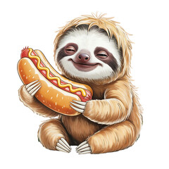 Fototapeta premium A smiling sloth is holding a large hot dog Its fur looks soft and fluffy, adding a playful touch.