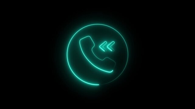 Neon  phone call icon animation with cyan glowing ring on dark background. 4k graphics footage.