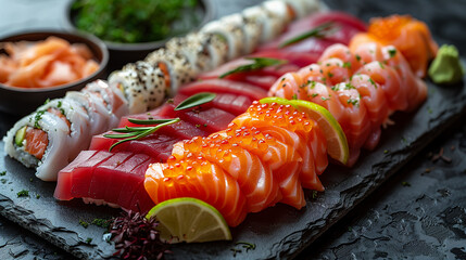 Assorted Sashimi on Dark Stone Slate with Lime and Wasabi