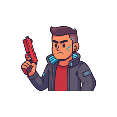 Cyberpunk man holding red gun. Futuristic character with weapon. Sci-fi action pose with serious expression