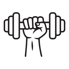 Obraz premium Hand holding dumbbell in minimalist black line art on white background for fitness logo