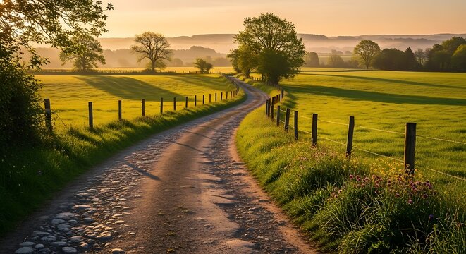 Winding dirt road through lush green fields and pastures surrounded by trees and fences at sunrise or sunset with vibrant wildflowers blooming along the way in a serene countryside landscape.