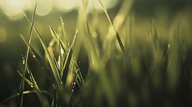 Green grass blades are covered in sparkling dew drops, reflecting the warm glow of early morning light, creating a soft, out of focus background for a natural essence