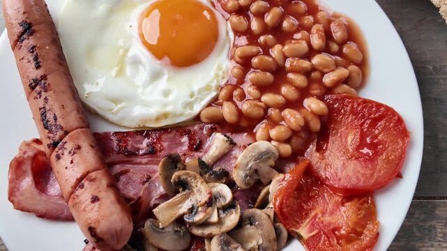 Full English breakfast with fried egg, bacon, sausages and beans