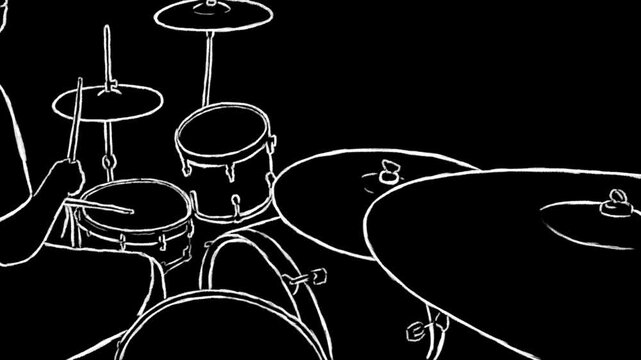 animation of drummer playing drum beat right hand on hihat. rotoscope animation. white sketch doodle scribble style on black background. back side view. looping