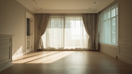 Fototapeta premium Luxury Interior Design Features an Empty Premium Room With Natural Light and a Beige Palette, Offering a Spacious Environment for Imagination and Creativity