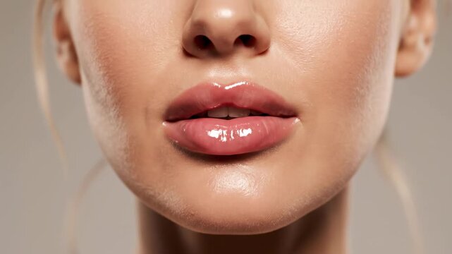 Sensual close up of a beautiful woman's face licking her full, glossy lips with her tongue. Detailed macro shot focusing on the plump mouth making provocative and playful expressions