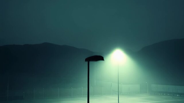 Street light piercing through thick fog, casting a solitary glow over an empty industrial parking lot with distant structures and mountains creating an eerie, mysterious atmosphere