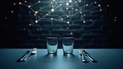 Modern table setting with digital background