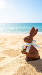 Chocolate Easter bunny figurine holding colorful eggs on sandy beach with ocean waves and clear blue sky in the background during sunny day