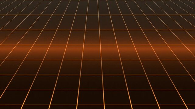 Abstract digital grid pattern with glowing orange lines receding into perspective on a dark background, creating a futuristic visual.