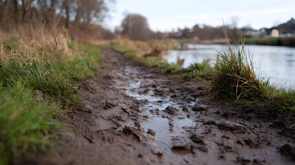 Obraz premium A muddy path with puddles runs alongside a tranquil river in a natural rural landscape