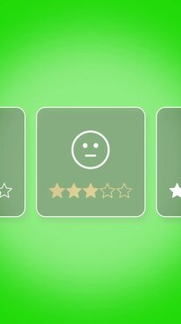 Digital mobile interface display cycling through rating icons, stopping on 3-star score and neutral face emoji, average service feedback, moderate performance evaluation, chroma key, Copy space