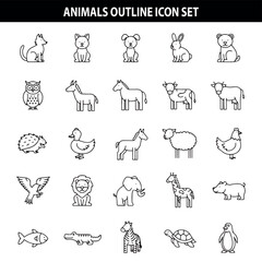 Fototapeta premium Animals Outline Icon Set, Wildlife Pet Illustration, Farm Zoo Symbols, Black And White Animal Icons, Nature Fauna Clipart, Animal Design Elements, Animal Icon Collection
