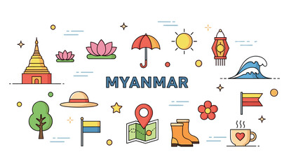 Fototapeta premium Colorful symbols and landmarks of myanmar in flat design style