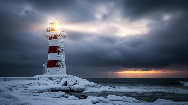 Striped Lighthouse on Snowy Shore at Sunset with Rotating Light Beam
