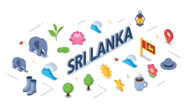 Sri lanka icons: elephants, tea, flag, nature, and culture in isometric design