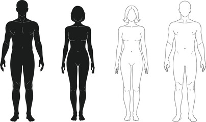 Adobe Stock Title: Set of male and female full body silhouettes and line art outlines for anatomical study fashion design and human proportion medical illustrations ©  creative rabbi