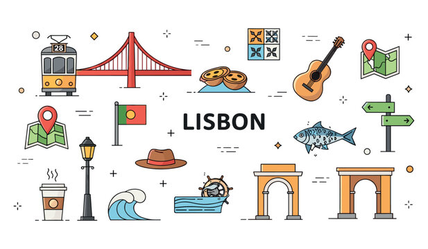 Colorful lisbon icons: tram, bridge, guitar, pastries, flag, map, wave, fish, arches
