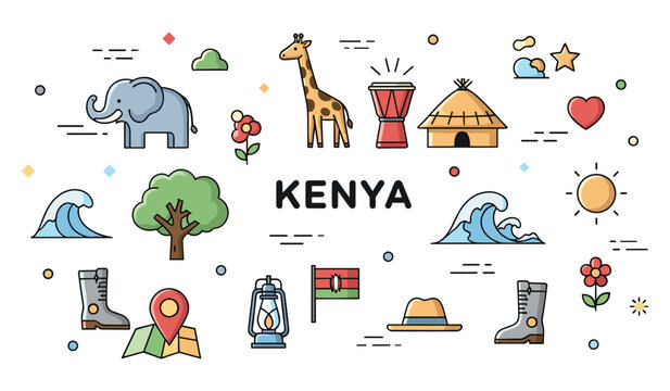 Colorful icons representing kenyan wildlife and culture
