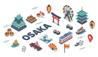 Obraz premium Osaka landmarks and culture: castle, pagoda, sushi, lanterns, and more