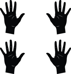 Obraz premium Set of Four Black Human Open Hand Silhouette Icons Featuring Outstretched Fingers and Palms for Greeting Voting and Stop Signal Graphic Designs