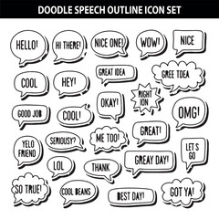 Obraz premium Doodle Speech Outline Icons, Chat Bubble Illustration, Hand Drawn Message Symbols, Communication UI Clipart, Black And White Speech Icons, Conversation Design Elements, Text Bubble Collection