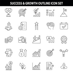 Fototapeta premium Success Growth Outline Icon Set, Business Achievement Illustration, Career Progress Symbols, Motivation Strategy Clipart, Black And White Success Icons, Professional Design Elements, Growth Icon Colle