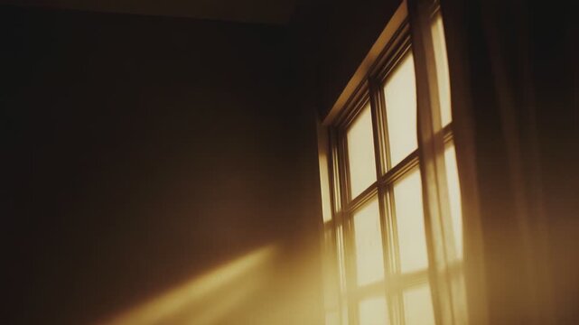 Rays of golden sunlight penetrating a hazy, dust filled room through an old window, casting warm light on the wall and creating a peaceful, nostalgic atmosphere