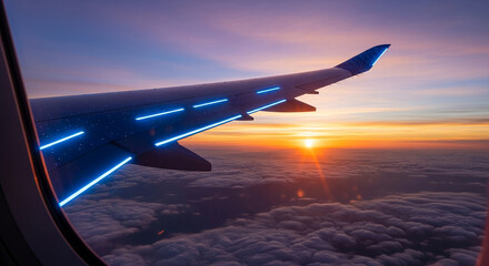 Obraz premium View of plane wing with bright blue lights and window, against a sunset and clouds, symbolizing journey, exploration, and the wonder of air travel