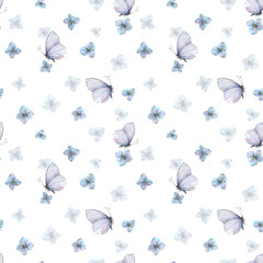 A seamless pattern with blue butterflies and hydrangea and forget-me-not flowers for spring holiday decor. Hand-painted watercolor illustration for spring and summer holiday backdrops, weddings.