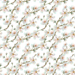 Blooming apple tree branches, painted in watercolor. This seamless spring pattern, based on a hand-drawn botanical illustration, is perfect for spring holiday or wedding designs.