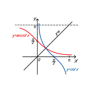 Graphs of Trigonometric Functions and Their Inverses. Vector graph illustrating the cotangent function y = cot x and its inverse function y = arccot x on a coordinate plane