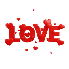 Red hearts surrounding the word love isolated on transparent background
