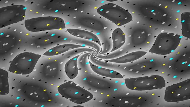 A mesmerizing abstract swirl pattern with glowing grey shapes and scattered colorful dots creating a dynamic visual effect.