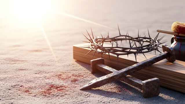 A crown of thorns, a wooden cross, and a hammer