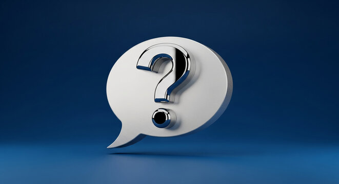 Silver question mark inside white speech bubble on blue, representative of uncertainty, interrogation, doubt, seeking answers, ideal for web content