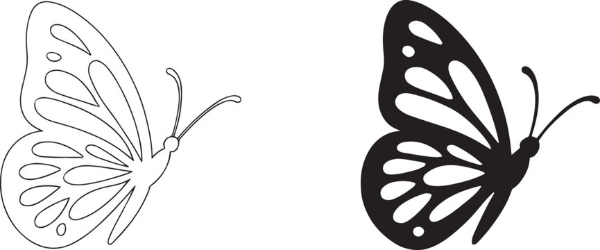 Butterfly black silhouette and outline icon vector, elegant insect symbol for nature, logo and design.
