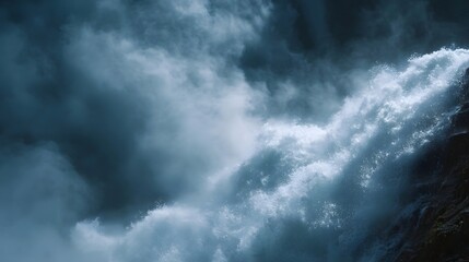 Obraz premium Powerful waterfall cascading with heavy mist and spray under a dark cloudy sky