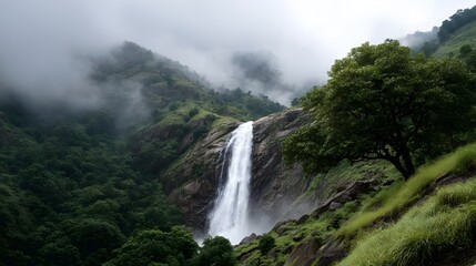 A powerful waterfall cascades down a misty green mountain slope surrounded by lush forest and vegetation