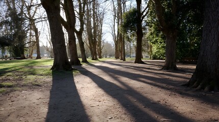 Golden sunlight streams through bare tree branches casting long shadows across a tranquil park pathway