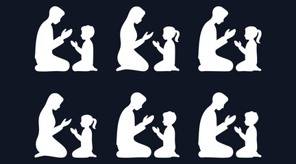 Father and Child Silhouettes Praying Together in a Sequence of Six Panels Gradient Background