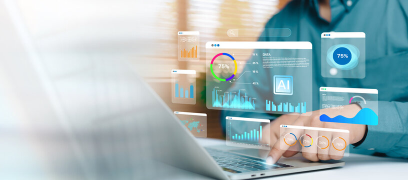 AI data analytics dashboard with interactive charts and graphs on laptop screen, showing business intelligence, performance data visualization, and artificial intelligence technology with copy space.